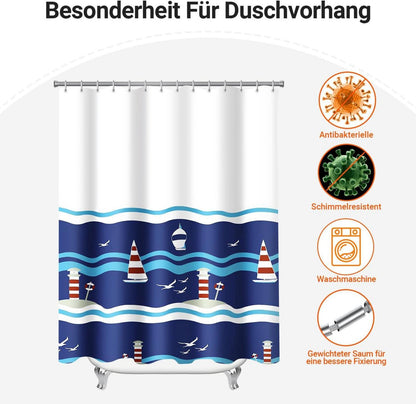 Duschvorhang 180x200cm Blau Segel Muster wasserabweisend Neu