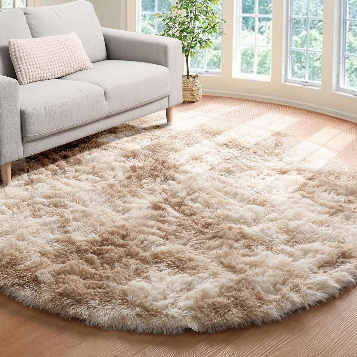 Runder Hochflor Teppich Wohnzimmer 160cm Khaki Weiß