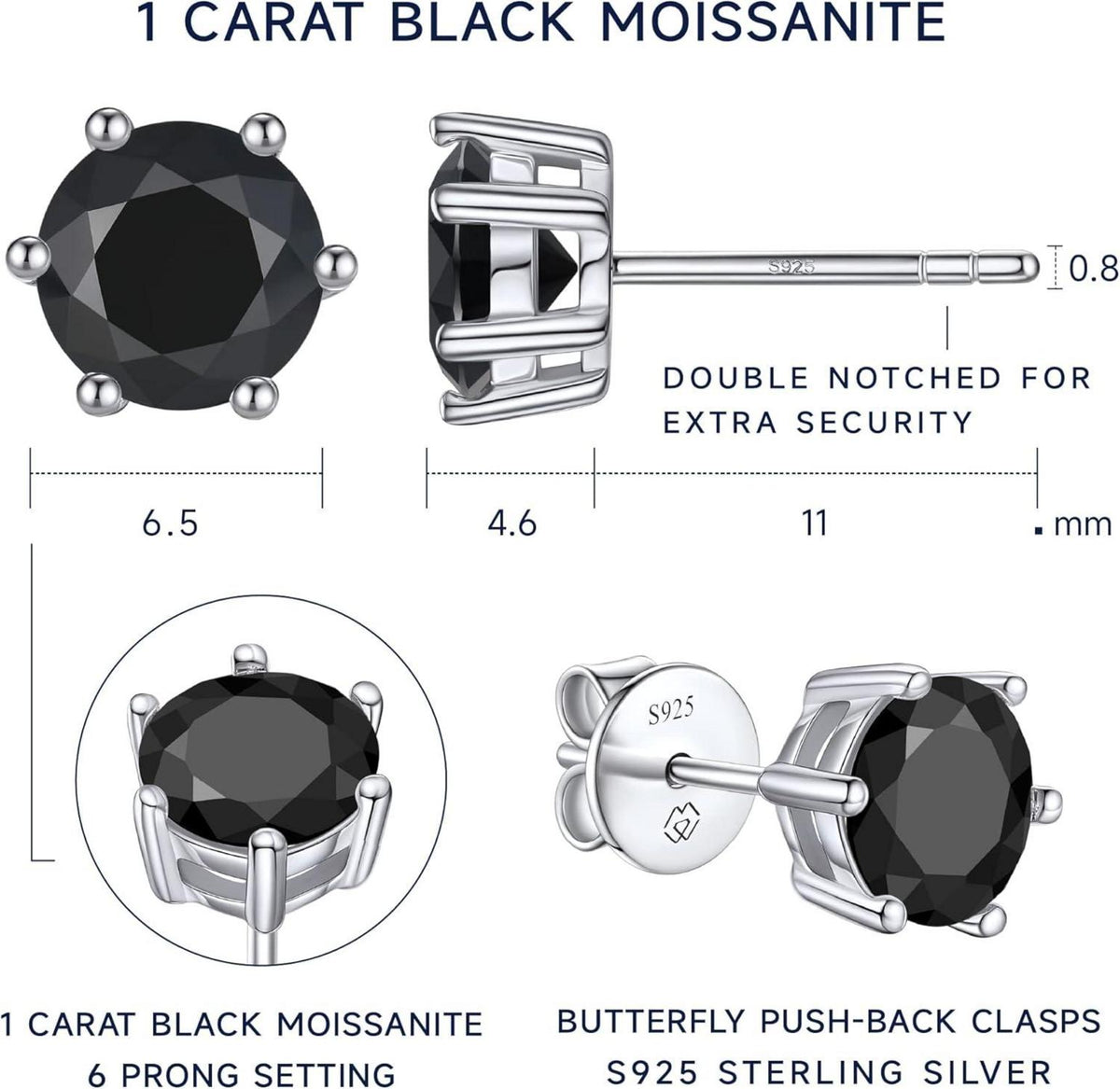 Schwarze Moissanite Ohrstecker 1-2 Karat 925 Sterling Silber 6 Prong