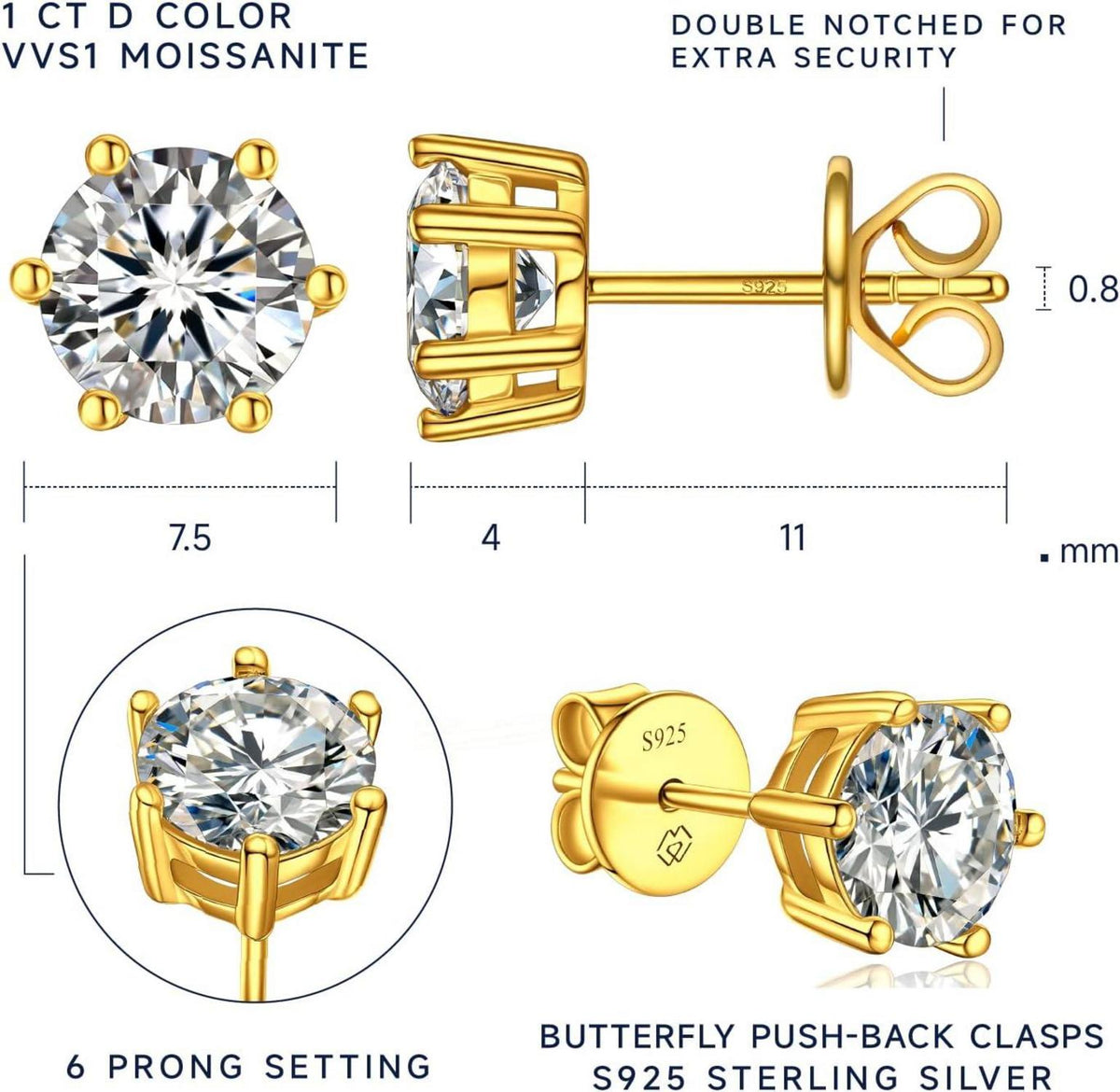 Moissanite Ohrringe Gold 585, 2 Karat Ohrstecker