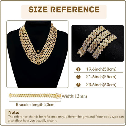 Kubanische Gliederkette 12mm Silber Gold mit Strass, Armband Set