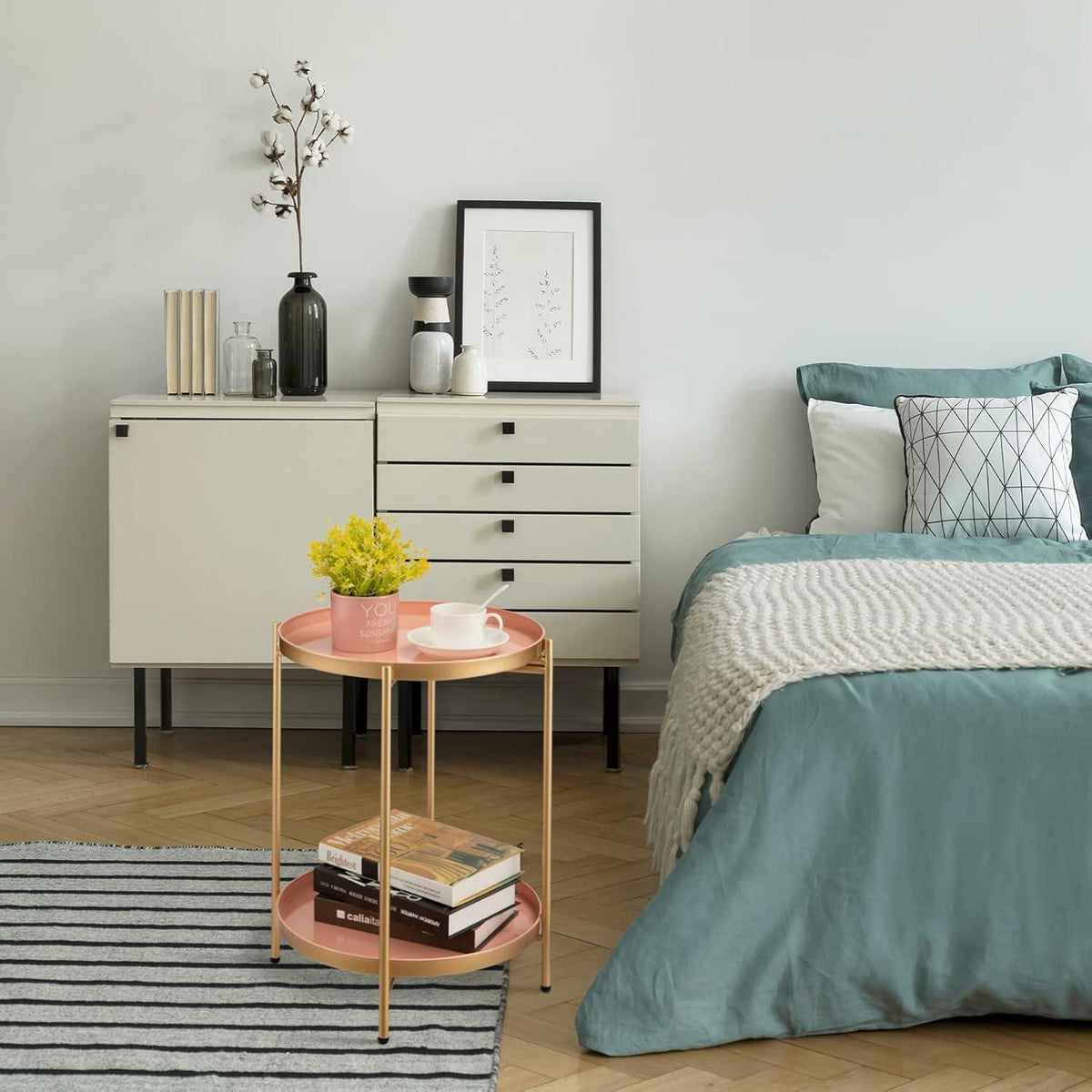 HollyHOME Runder Beistelltisch Gold Metall 2 Ebenen Wohnzimmer Schlafzimmer