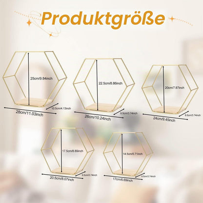 Hexagon Wandregal 5er Set Gold – Metall Wandregale für Deko