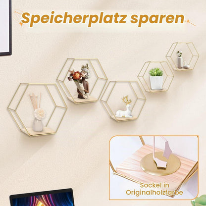 Hexagon Wandregal 5er Set Gold – Metall Wandregale für Deko