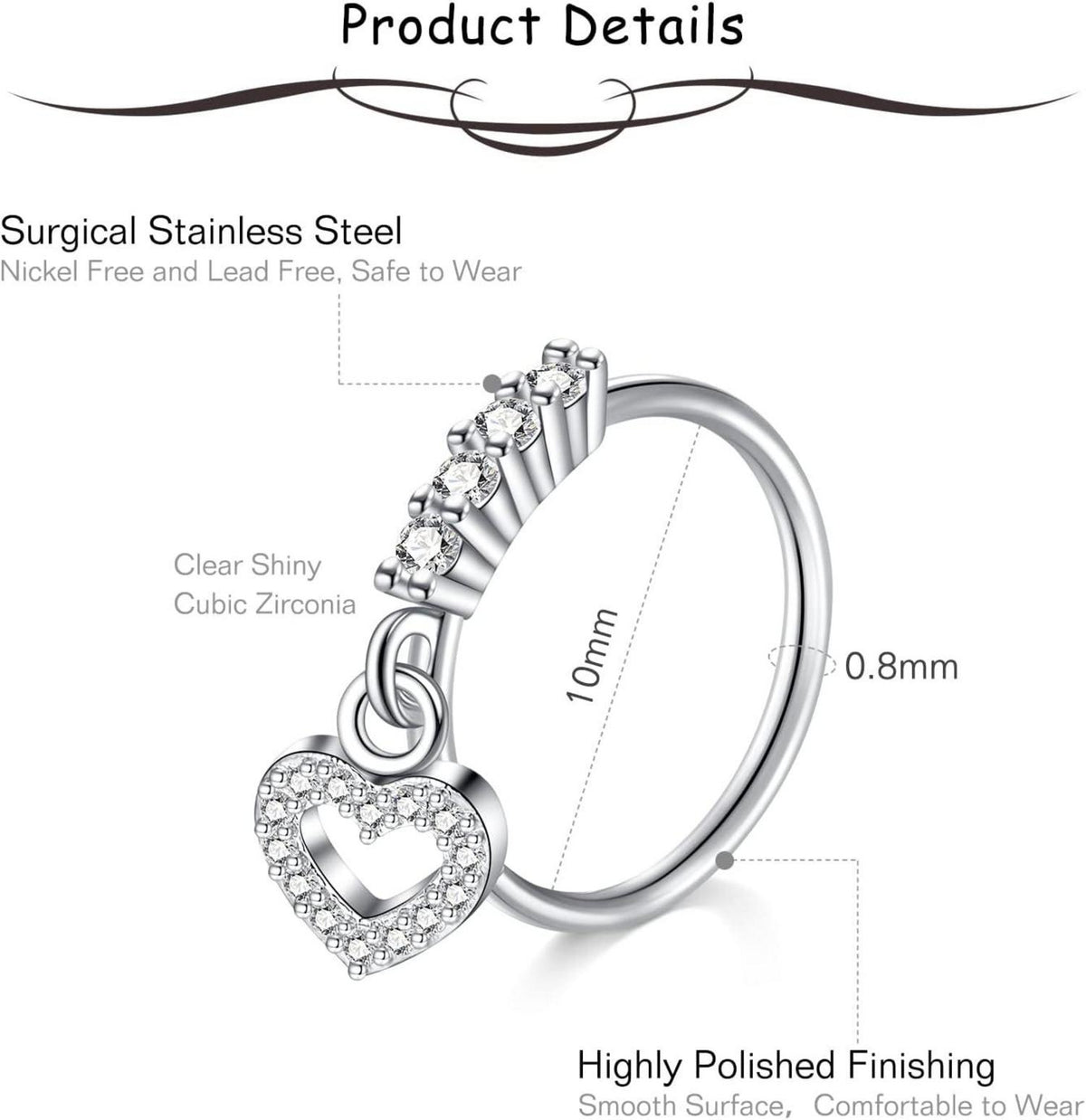 Mayhoop 20G Nasenpiercing Fake Chirurgenstahl Silber Rosegold CZ-Stein 3 Stück