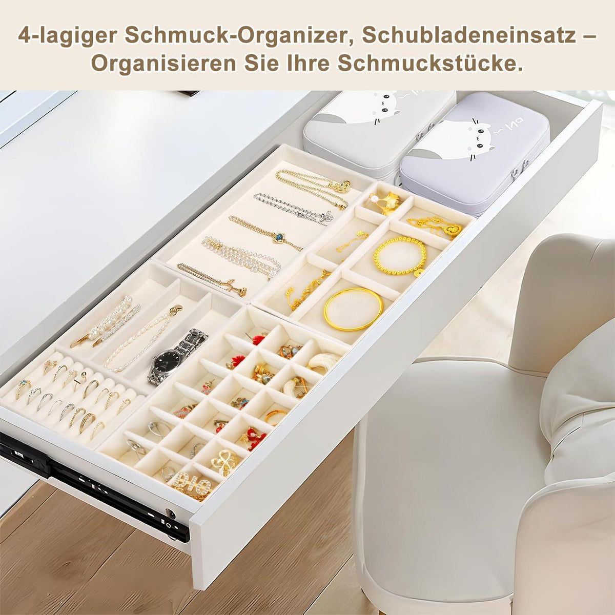 Schmuckaufbewahrung Schubladeneinsatz mit 4 Fächern, Beige