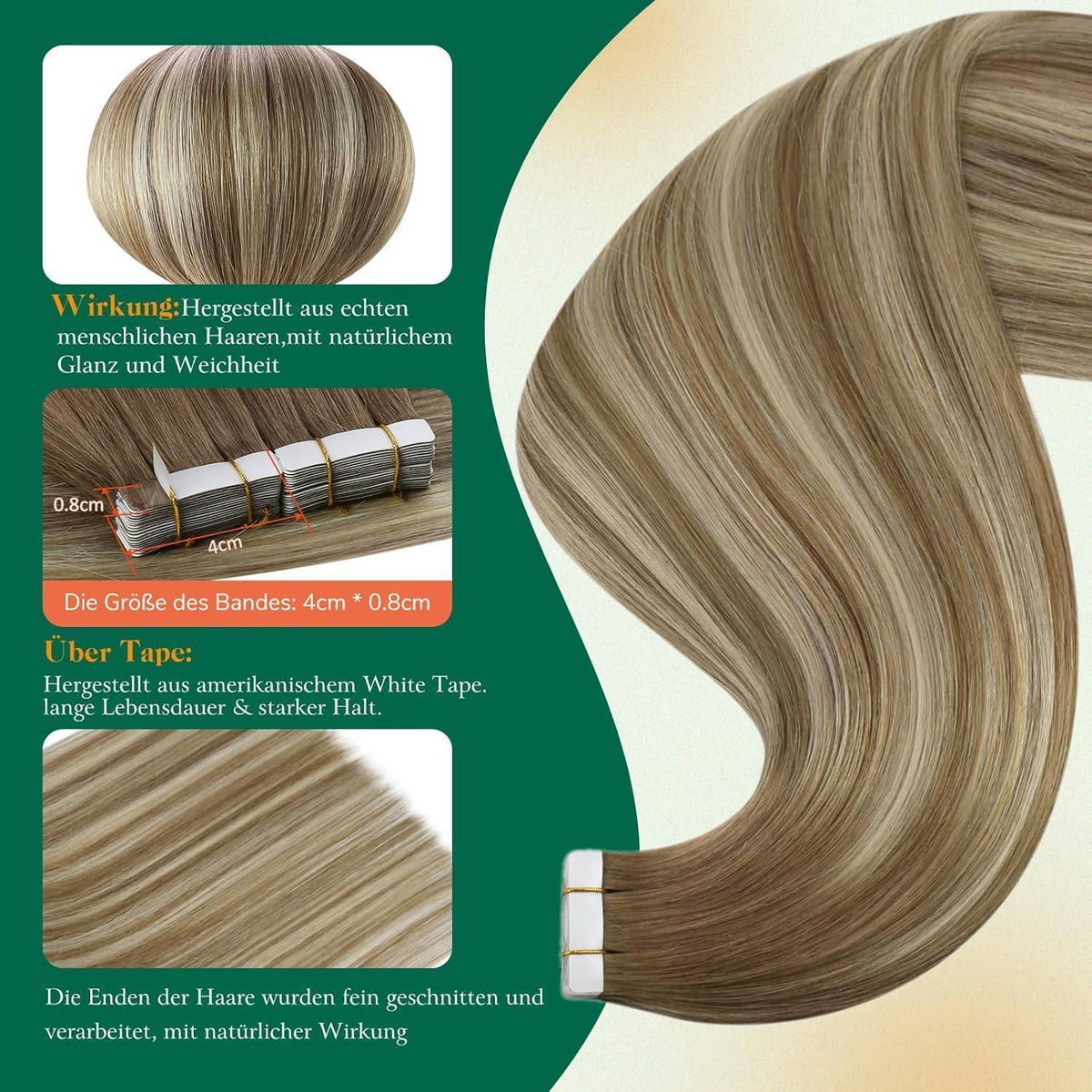 Echthaar Tape Extensions Blond Balayage Ombre 50cm