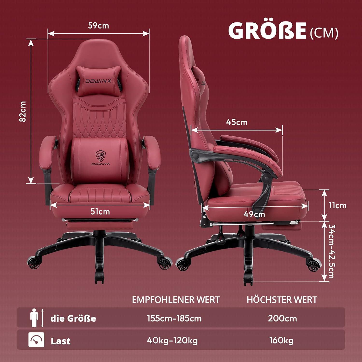 Gaming Stuhl mit Fußstütze, Massage & Ergonomisch, PU Leder Rot