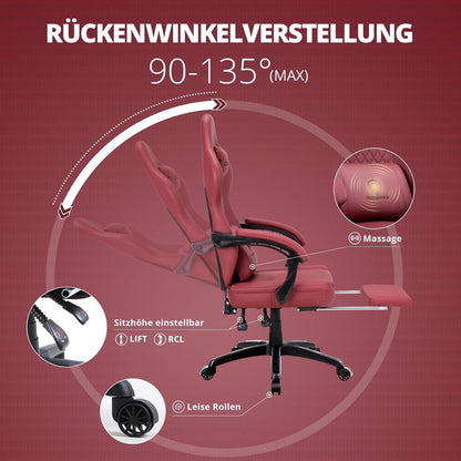 Ergonomischer Gaming Stuhl Massage Fußstütze Bürostuhl Rot