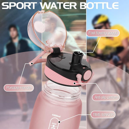 Sport Trinkflasche 1L BPA frei mit Zeitmarkierung und Filter, Roségold