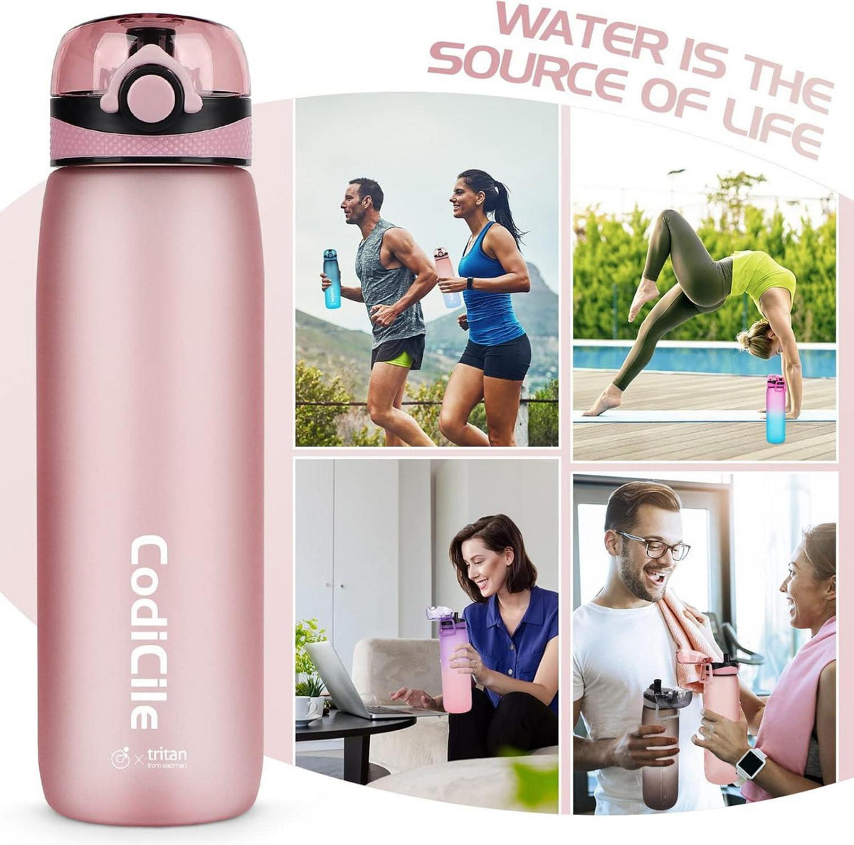Sport Trinkflasche 1L BPA frei mit Zeitmarkierung und Filter, Roségold