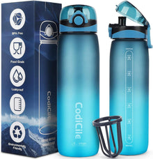 Sport Trinkflasche 1L BPA-frei Tritan Zeitmarkierung und Filter Blau
