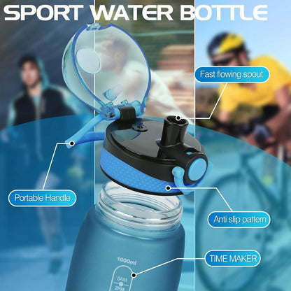 Sport Trinkflasche 1L BPA frei Tritan Zeitmarkierung Filter Blau