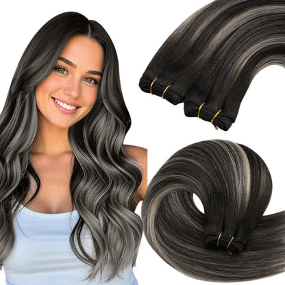 Echthaar Tressen Ombre Schwarz Silber 55cm