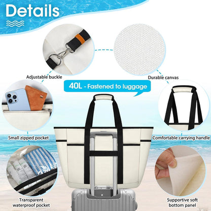 Strandtasche XXL Wasserdicht mit Reißverschluss 40L Beige