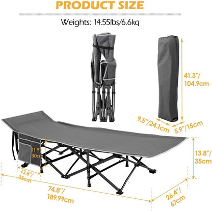 Faltbares XL Campingbett mit Seitentasche Grau Outdoorbett