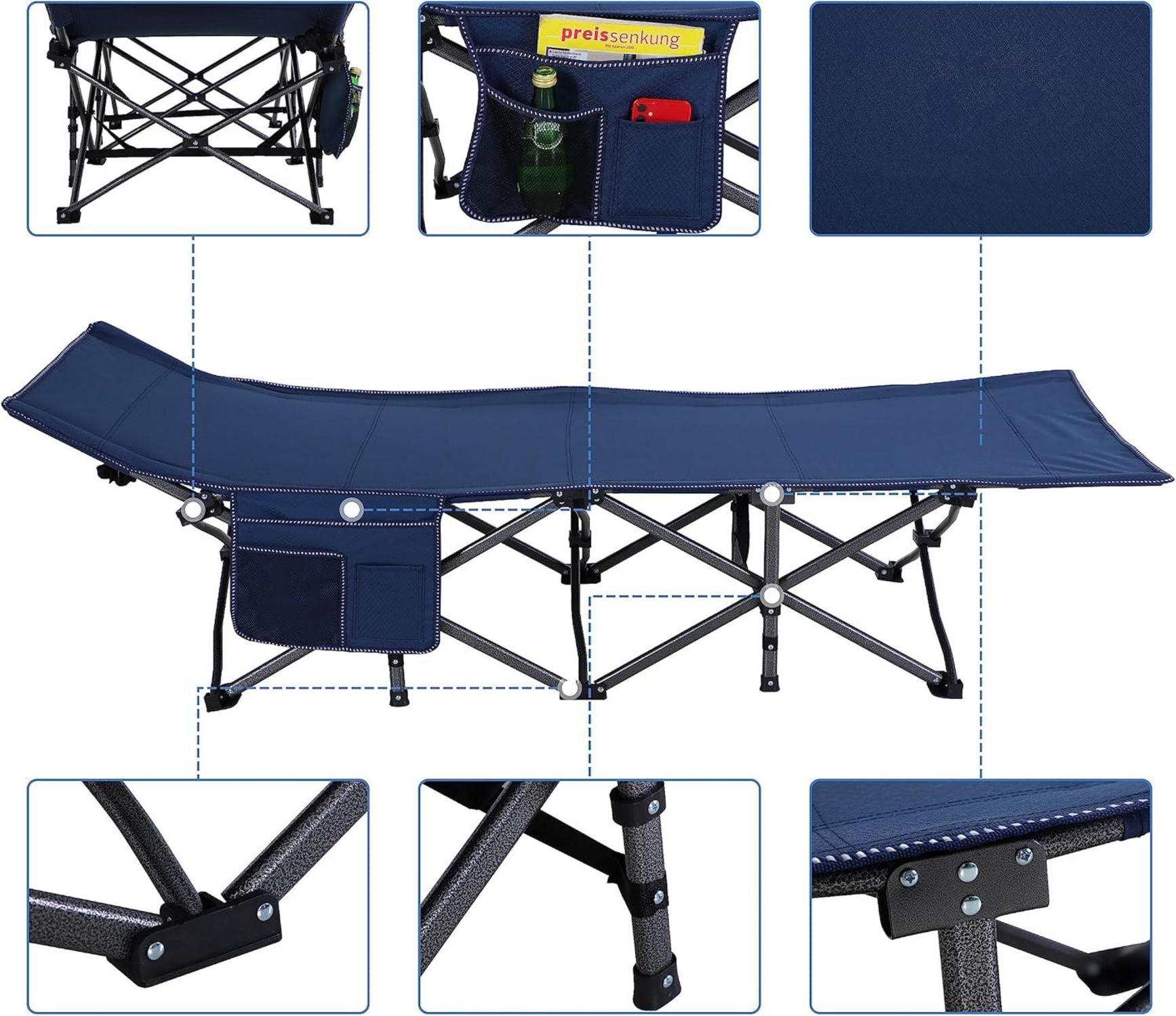 Klappbares Campingbett XL mit Seitentasche - Feldbett Blau