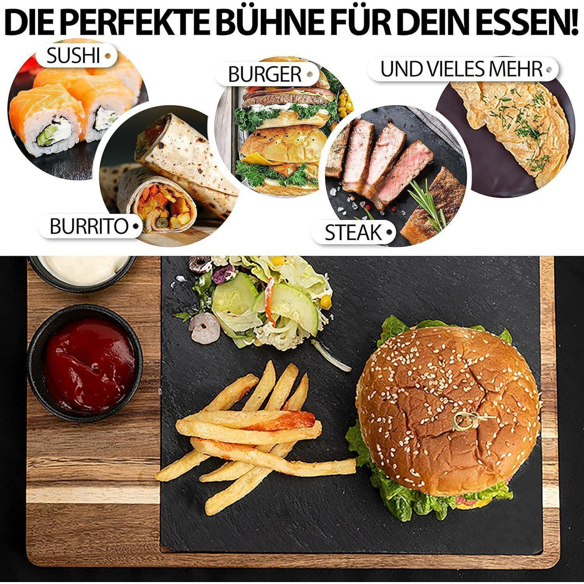 XXL Servierbrett 2er-Set Akazienholz & Schiefer mit Saucenschüsseln