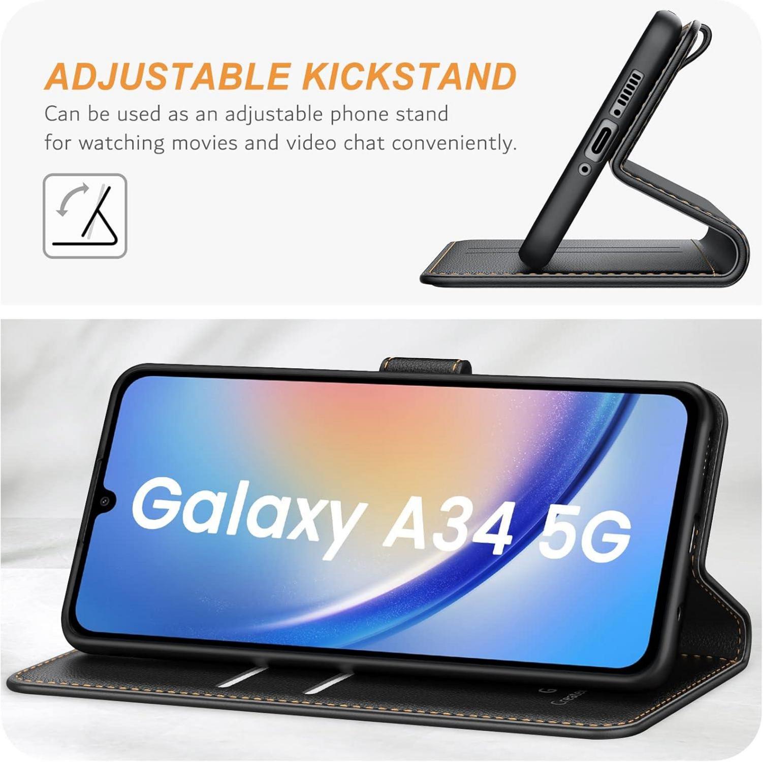 Handyhülle Samsung Galaxy A34 5G Leder Schwarz Magnet Standfunktion