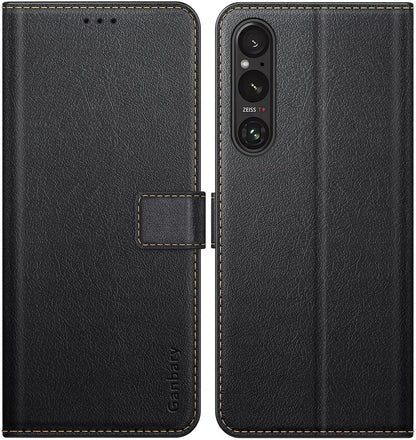 Sony Xperia 1 V Handyhülle Leder Klapphülle Schwarz mit Kartenschlitzen
