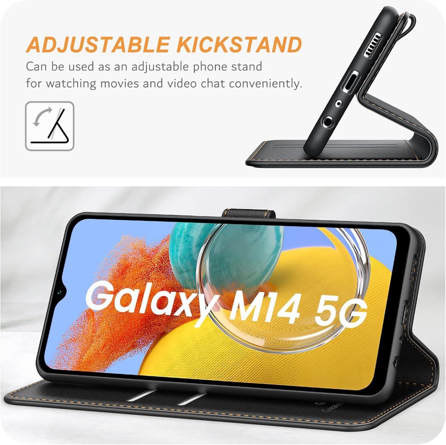 Ganbary Samsung Galaxy M14 5G Handyhülle - Premium Leder Klapphülle - Schwarz