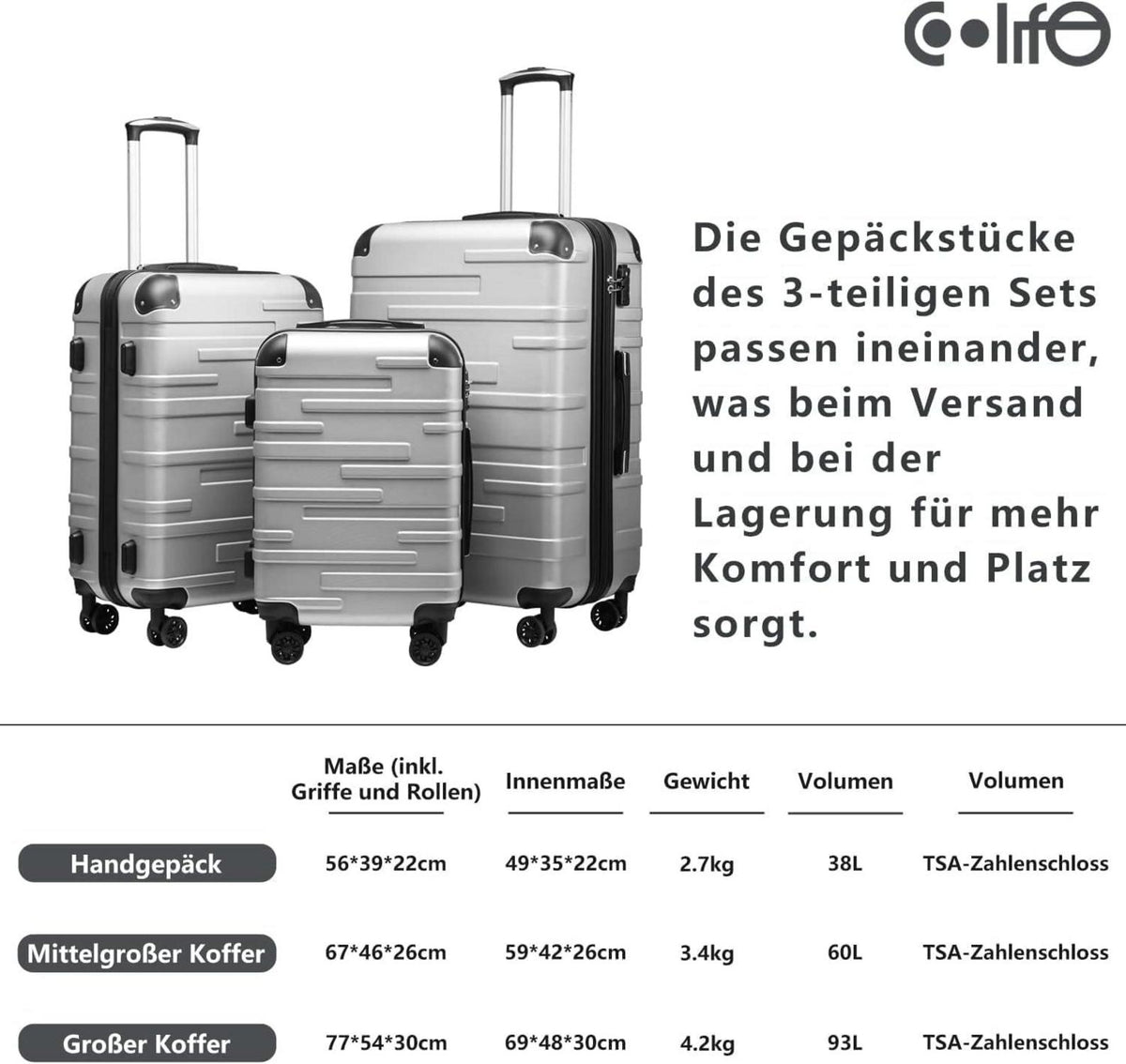 COOLIFE Hartschalen-Koffer Rollkoffer mit TSA 4 Rollen Dunkelgrau