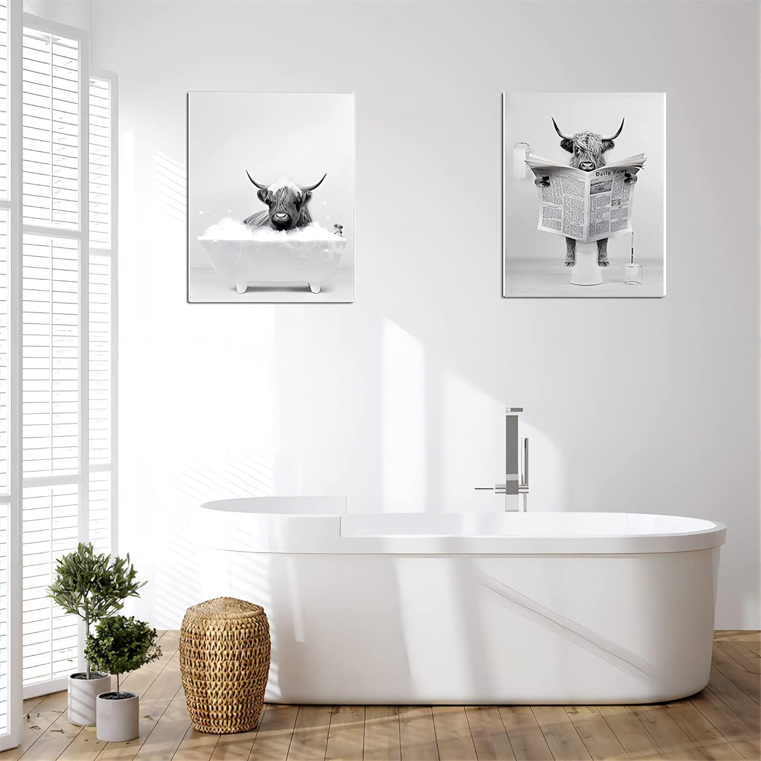 2er Set Badezimmer Bilder Mit Rahmen Leinwand Hochland Kuh Schwarz Weiß 30x40 cm