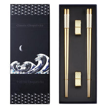 Edelstahl Essstäbchen Set mit Ständer - Goldenes Geschenk im Japan-Stil