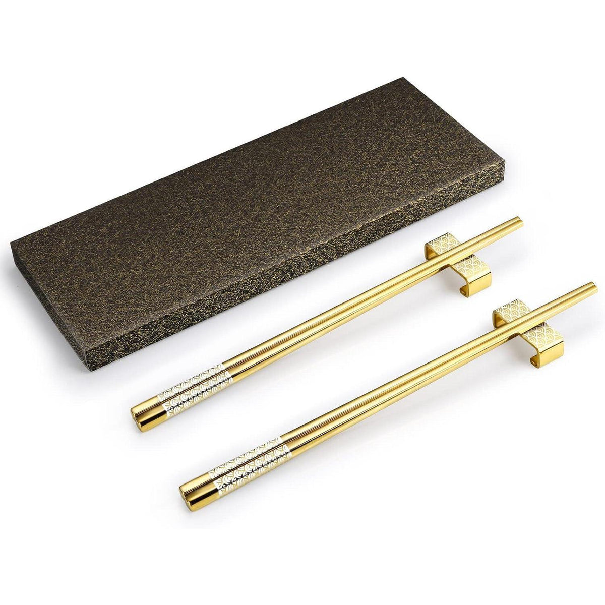 Edelstahl Essstäbchen Set mit Ständer - Goldenes Geschenk im Japan-Stil