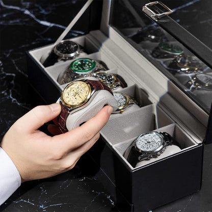 Uhrenbox mit 6 Fächern und Schublade, Glasdeckel, Schwarz