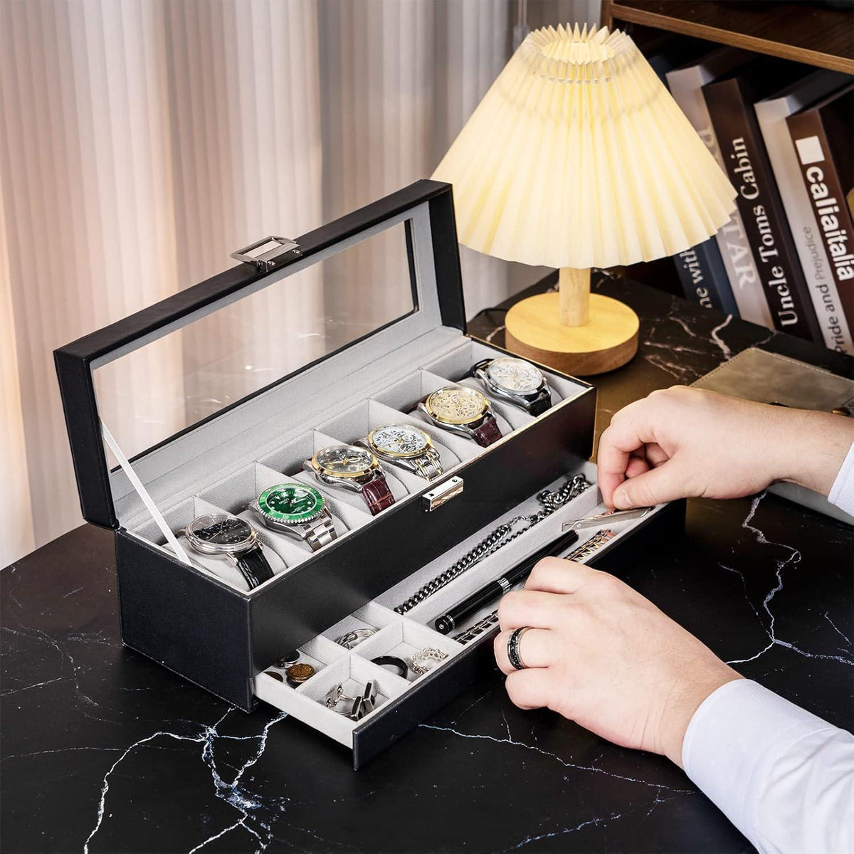 Uhrenbox mit 6 Fächern und Schublade, Glasdeckel, Schwarz