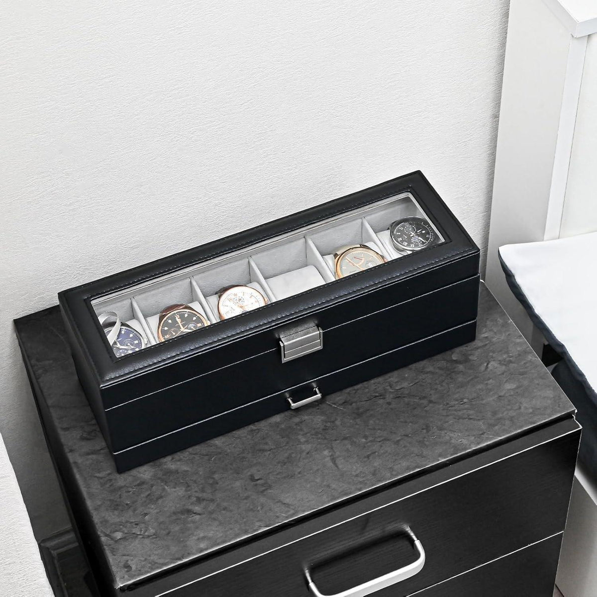 Uhrenbox mit 6 Fächern und Schublade, Glasdeckel, Schwarz
