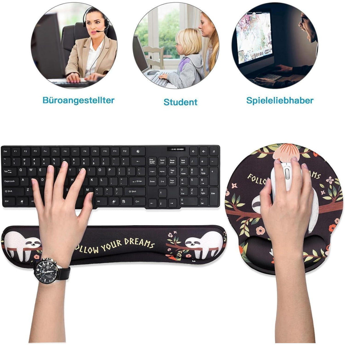 Ergonomisches Mauspad & Tastatur-Handgelenkauflage Set mit Wolf-Design