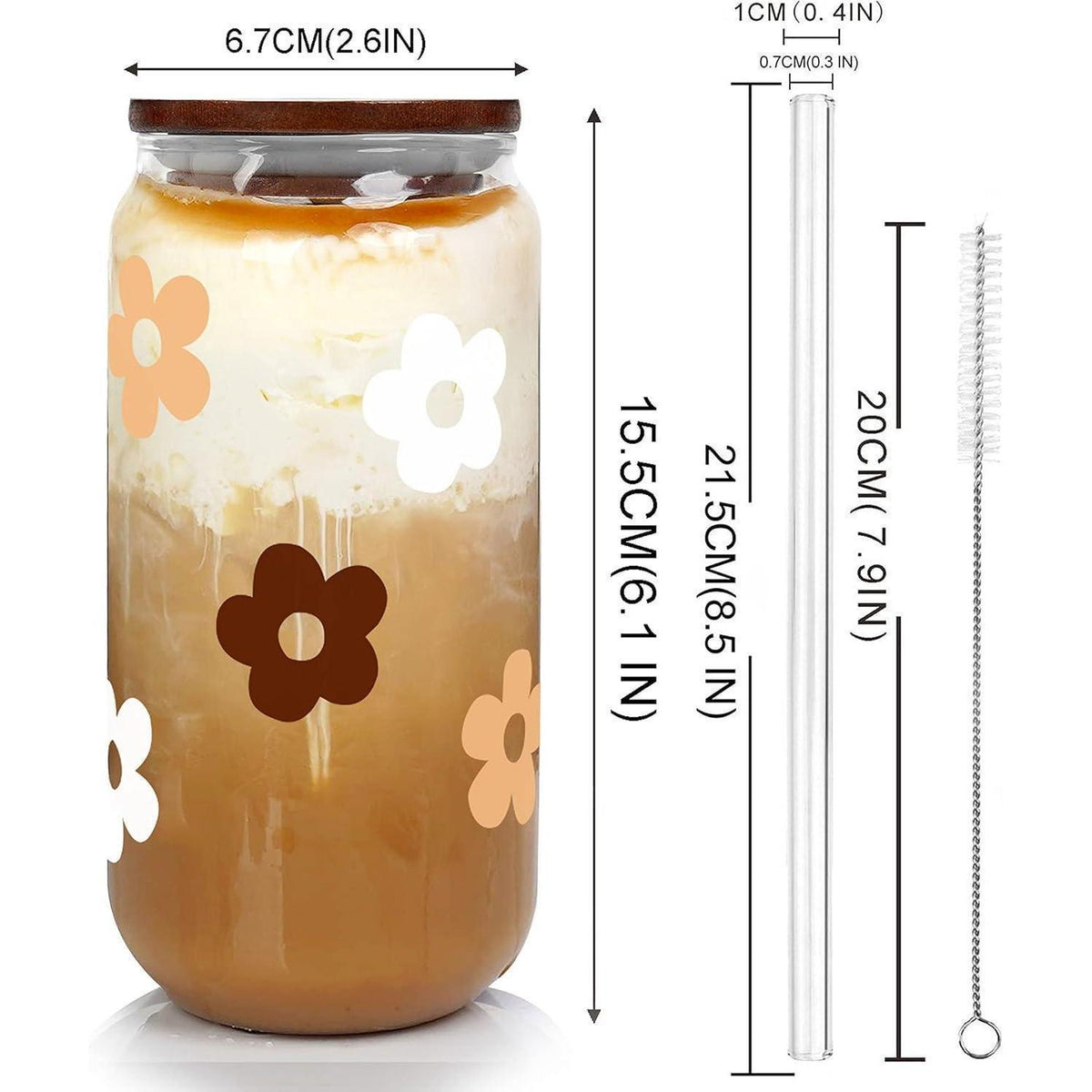 Glasbecher mit Deckel & Strohhalm – Blumenmuster 590ml