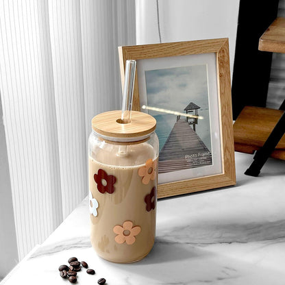 Glasbecher mit Deckel & Strohhalm – Blumenmuster 590ml