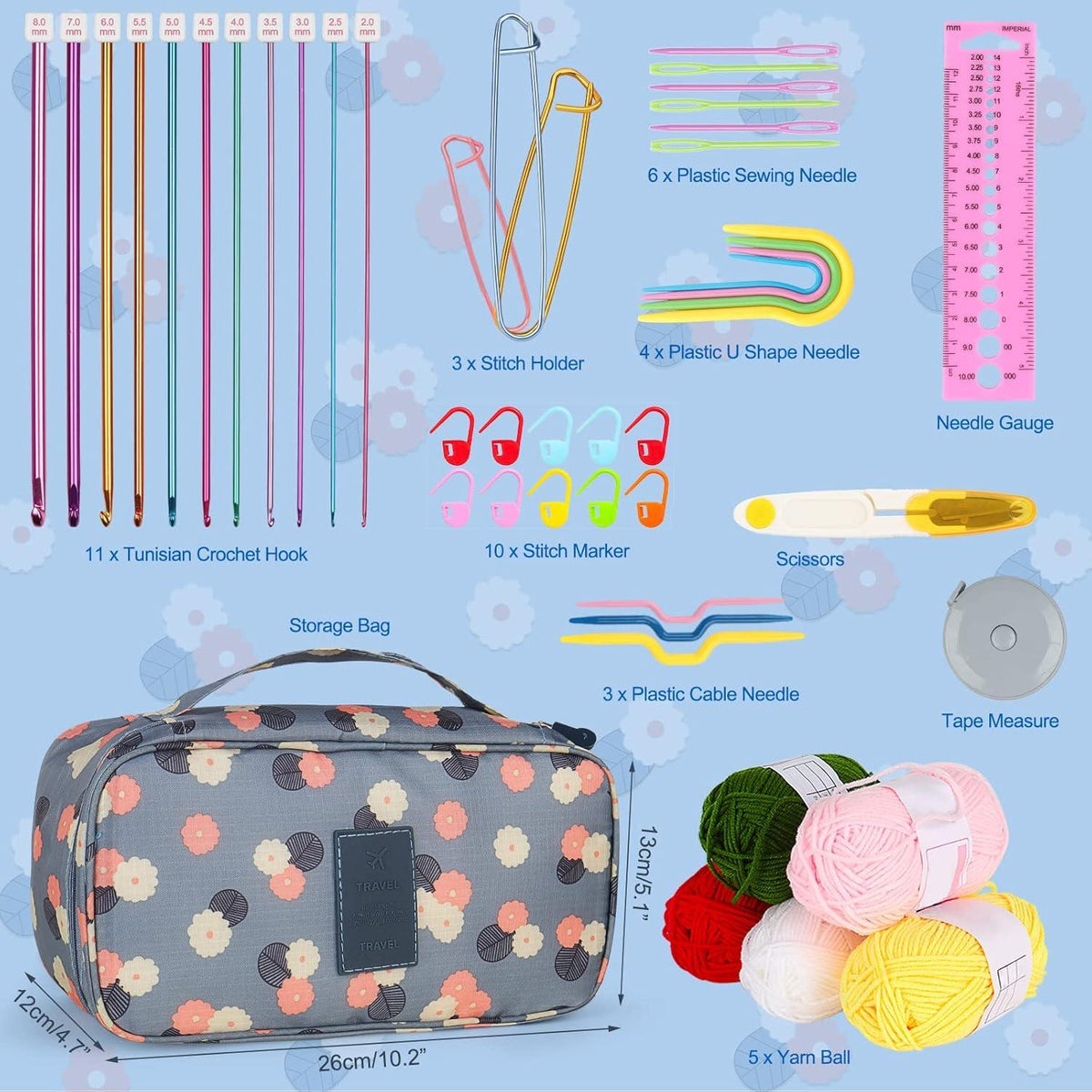 46-teiliges Tunesisches Häkelnadel Set Blau Blumenmuster Wolle Zubehör Tasche