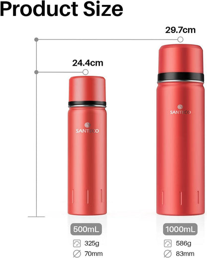 Thermoskanne Edelstahl Isolierflasche Auslaufsicher 1L 500ml Trinkbecher Rot 1000ml