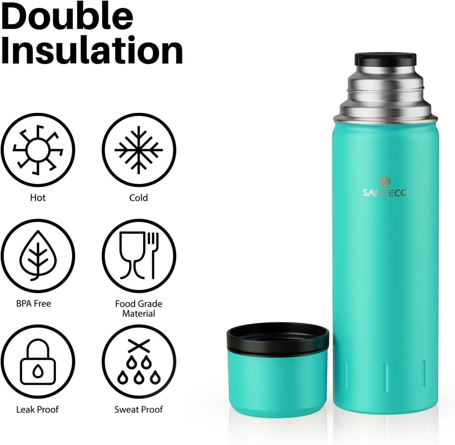 SANTECO Thermoskanne Edelstahl 1l & 500ml Kaffee Tee Isolierflasche Kinder Sport BPA-frei