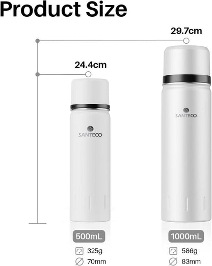 Thermoskanne Edelstahl 1l & 500ml Auslaufsicher Isolierflasche Trinkbecher BPA-frei 24H Kalt & 12H