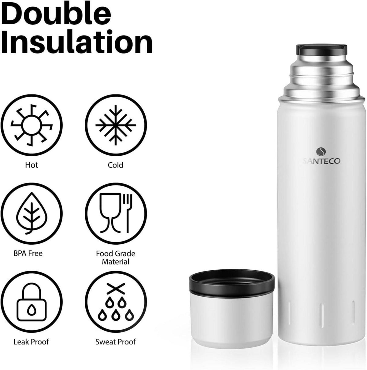 Thermoskanne Edelstahl 1l, 500ml, Auslaufsicher Isolierflasche Trinkbecher