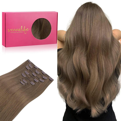 Clip in Echthaarverlängerung Helles Ash Braun 55cm