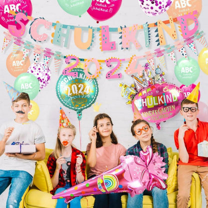 iZoeL SCHULKIND 2024 Mädchen Einschulung Deko-Set mit Girlande, Folienballon, Luftballon und Konfetti