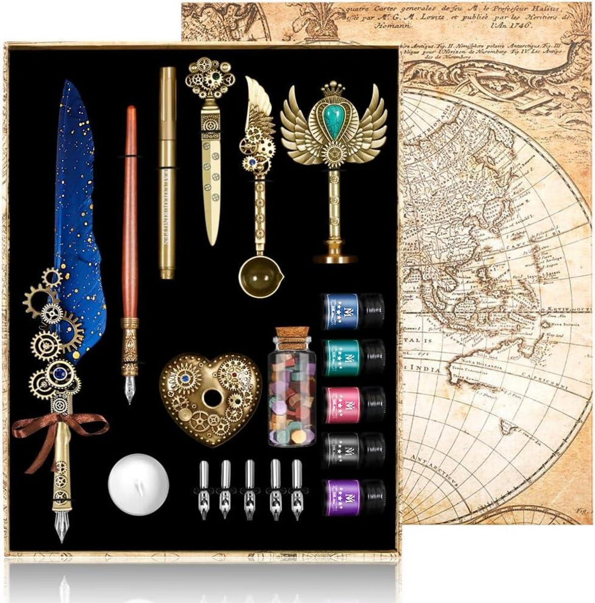 Federkiel und Tinte Set mit Seal und Wachsperlen - Blau