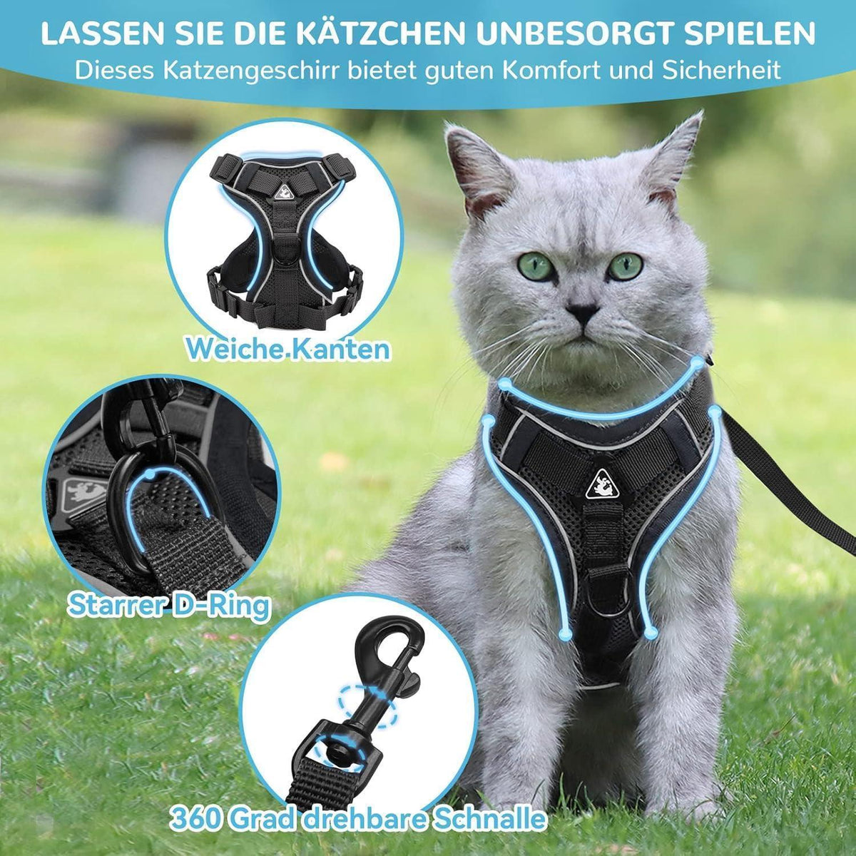 Ausbruchsicheres Katzengeschirr mit Leine, L Schwarz
