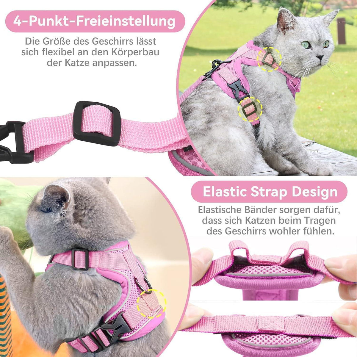 Ausbruchsicheres Katzengeschirr mit Leine, Hell Rosa L