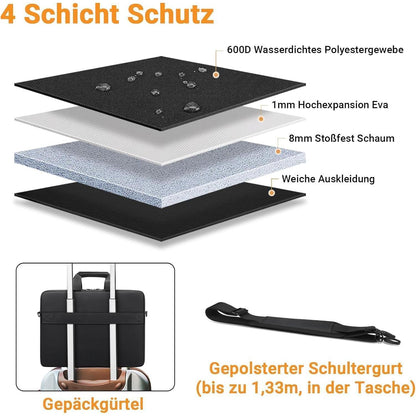 Laptoptasche 14 Zoll wasserdicht mit Schultergurt und Gepäckgurt