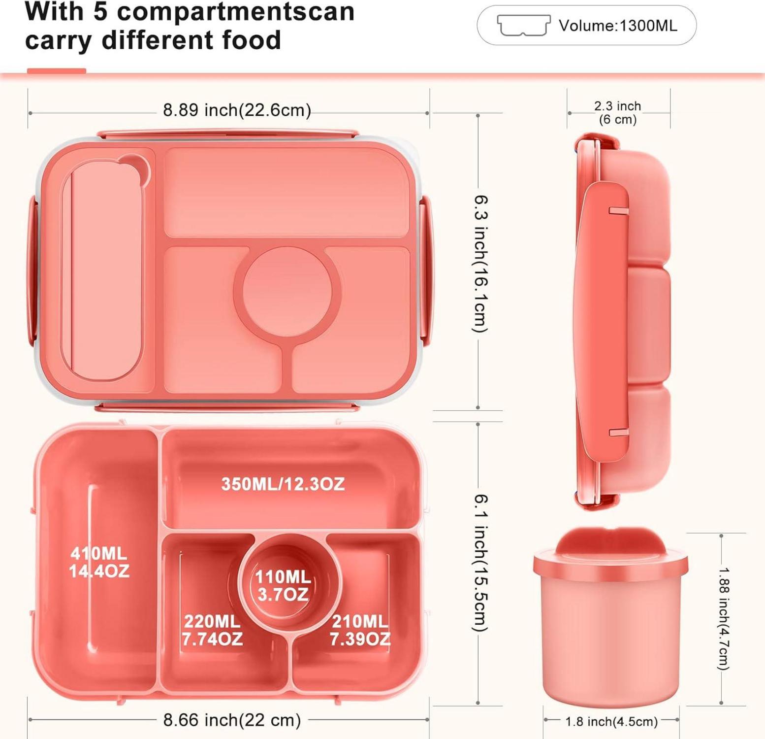 Brotdose mit Fächern und Saucenbehältern, 5-Fächer Lunchbox 1300ML
