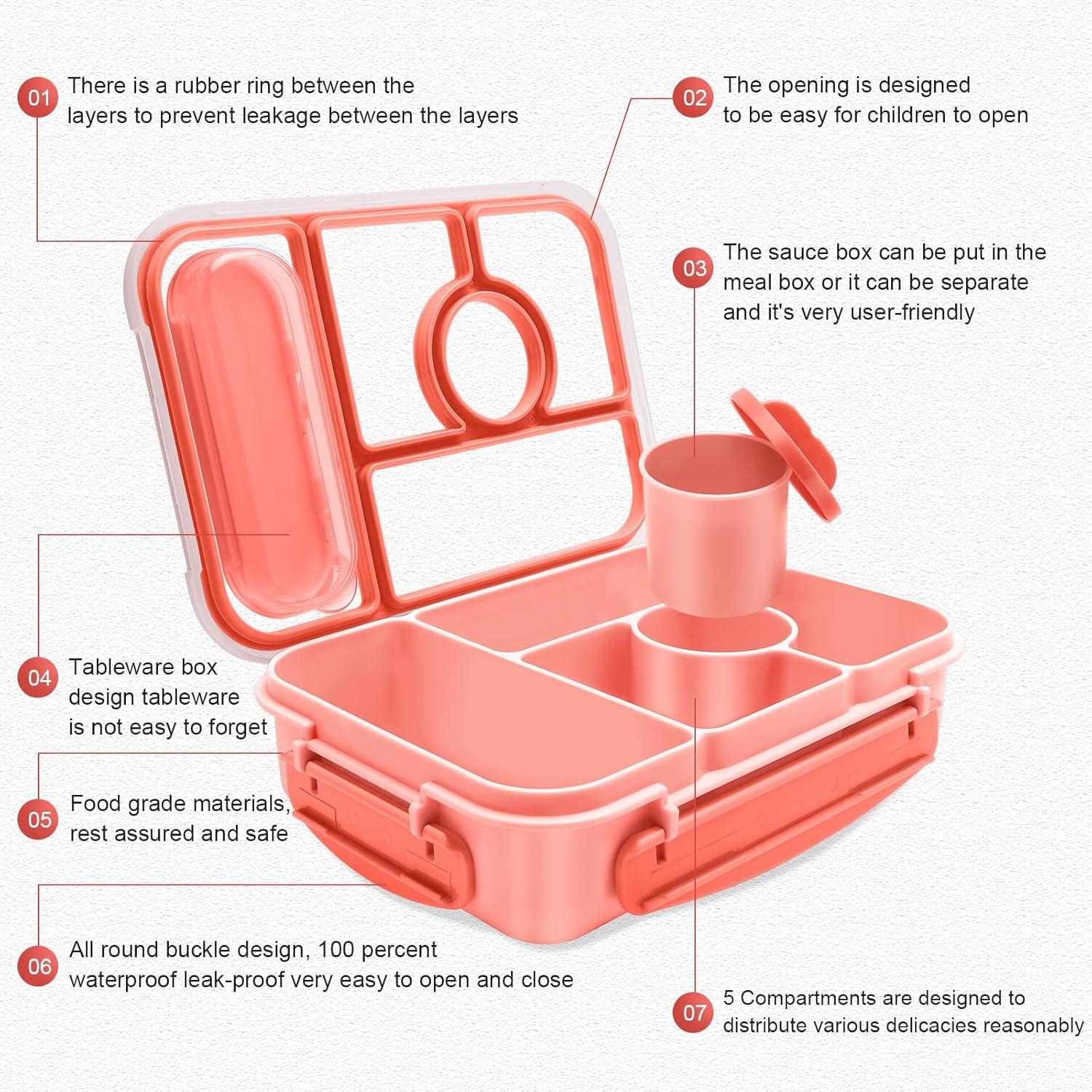 Amathley Lunchbox 1300ML Bento Box Kinder mit 5 Fächern Saucenbehältern Rosa
