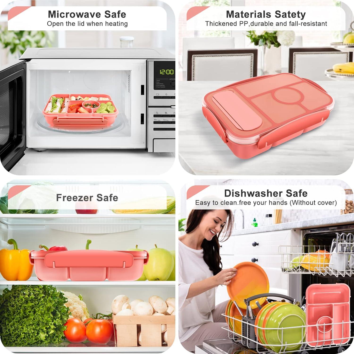 Amathley Lunchbox 1300ML Bento Box Kinder mit 5 Fächern Saucenbehältern Rosa