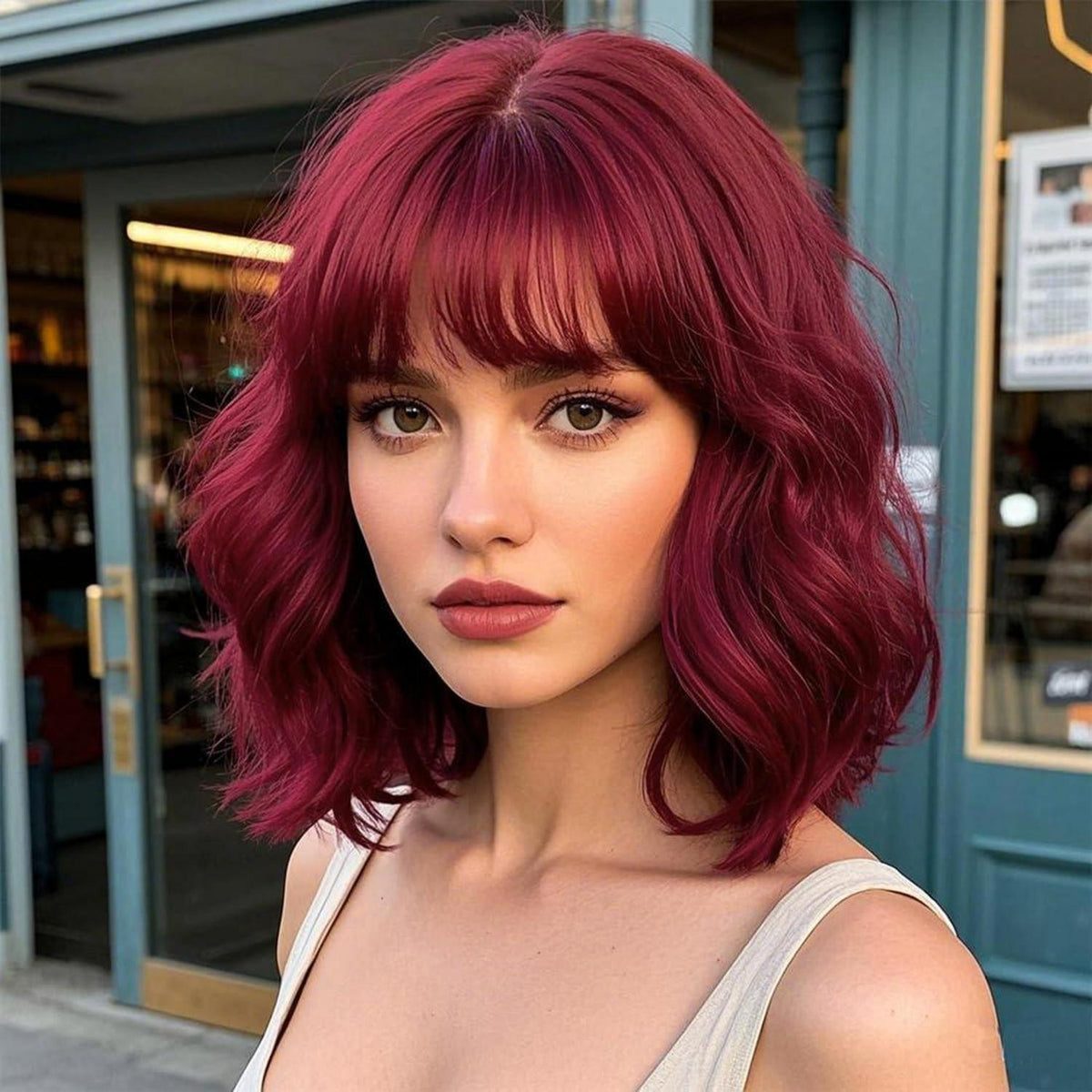Rote Bob Perücke mit Pony – Wellig, Lockig, Synthetisch